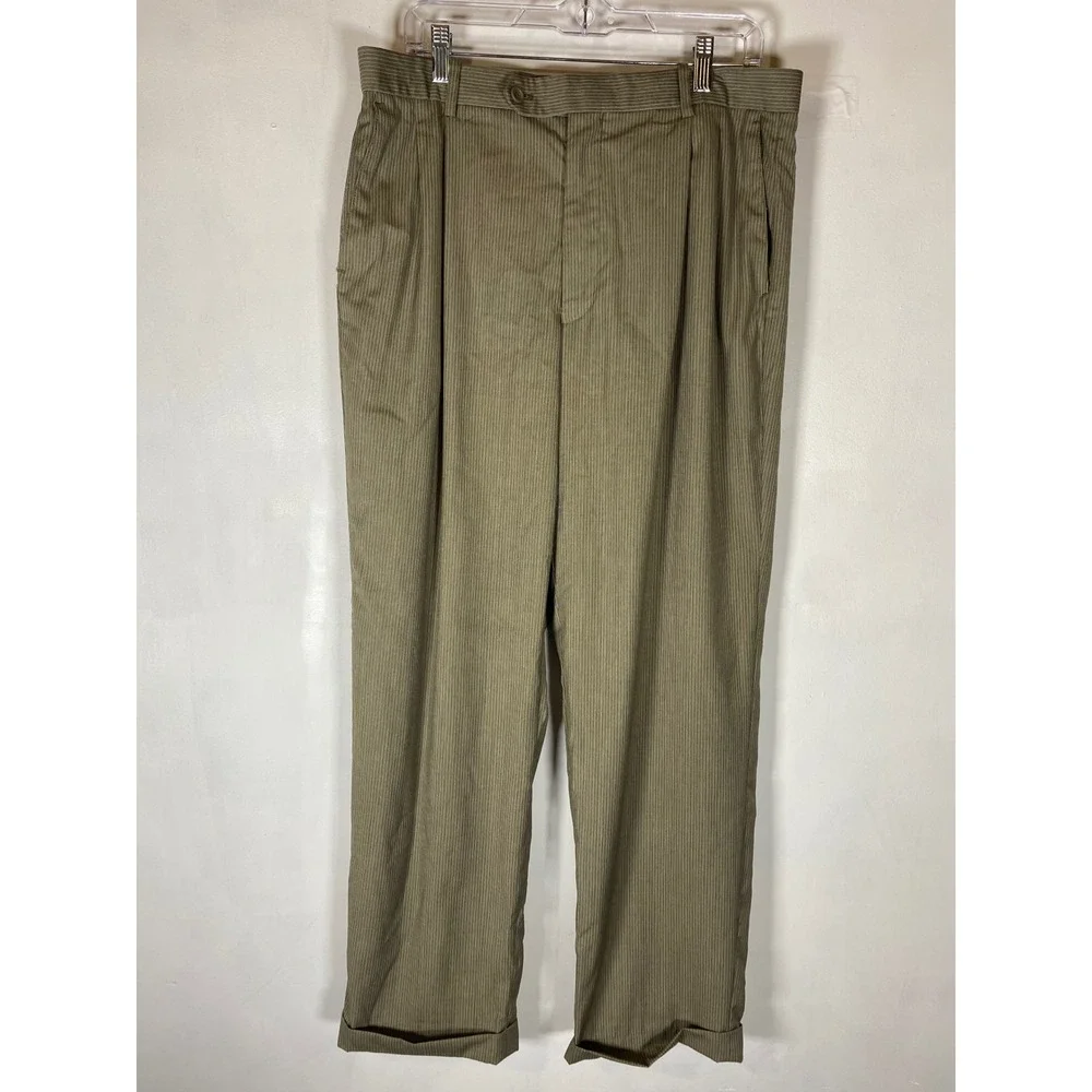 Luca Rossi 36x32 Italian Double Pleated Beige Tan Pinstripe Cuffed Dress Pants